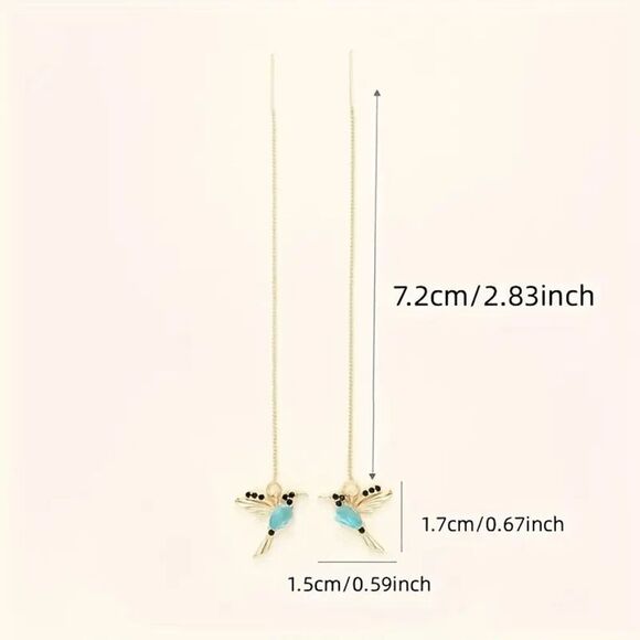 Wicked Silk Cute Dainty Flying Bird Dangling Earrings - Blue/Gold - Picture 2 of 3